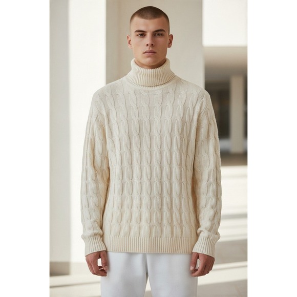 Coofandy Other - Coofandy Mens Cream Cable Knit Turtleneck Sweater Size L Off White Pullover